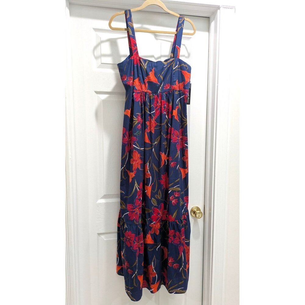 NWT Clover & Sloane Womens Maxi Sundress 14 Empire Navy Red Dark Floral Beachy